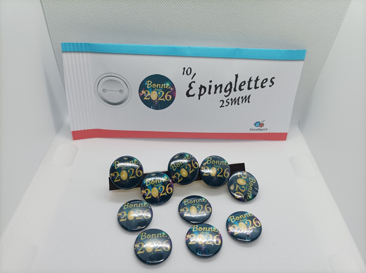 🎉 Lot de 10 Épinglettes / Pins « Bonne Année 2026 » – Ø 25 mm