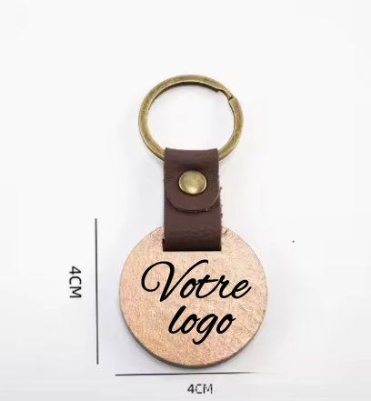 🪵 Porte-clés rond en bois gravable au laser avec bracelet en cuir – 4 × 4 cm